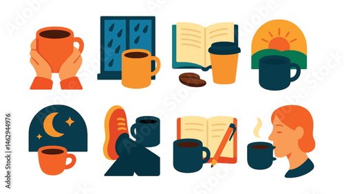 Flat vector icons of cozy café moments: hands holding warm mug, rainy day with coffee, book and drink pairing, early morning brew, late-night espresso, relaxing weekend vibe, journaling in café,