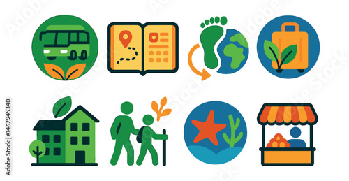 Flat vector icons of sustainable travel habits: choosing eco-friendly transport badge, traveling locally planner, offsetting travel carbon footprint guide, packing light for trips badge, staying in