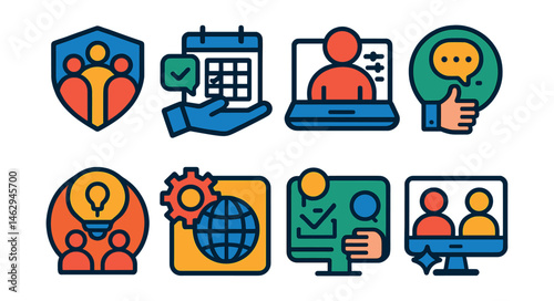 Flat vector icons of digital collaboration skills: participating in online group projects badge, using digital collaboration tools planner, managing virtual teamwork guide, building digital