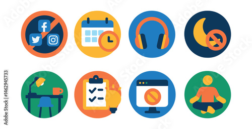 Flat vector icons of minimizing distractions: blocking social media apps badge, working in scheduled time blocks badge, using noise-canceling headphones badge, setting “do not disturb” hours badge,
