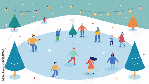 Ice Skating Rink A small ice skating rink filled with families and friends gliding across the ice surrounded by ling lights and festive decorations.