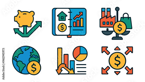 Flat vector icons of portfolio diversification: spreading investments badge, mixing asset types planner, investing in multiple industries badge, balancing risk and reward badge, global portfolio
