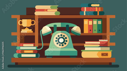 A vintage rotary phone sitting on top of a reclaimed wooden shelf filled with old books and knickknacks.