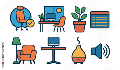 Flat vector icons of home-office wellness setup: using ergonomic chairs badge, setting natural light home office badge, adding green plants for relaxation badge, minimizing desk clutter planner,