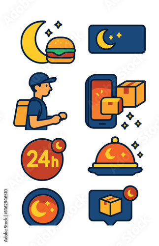 Flat vector icons of late-night and 24/7 delivery: moon and burger icon, clock with delivery box, open late banner, night courier with bag, glowing delivery screen, midnight snack tray, 24h