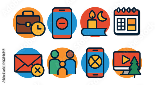Flat vector icons of setting healthy work boundaries: ending work on time badge, setting do not disturb hours badge, creating tech-free evening rituals badge, using work-life separation planners