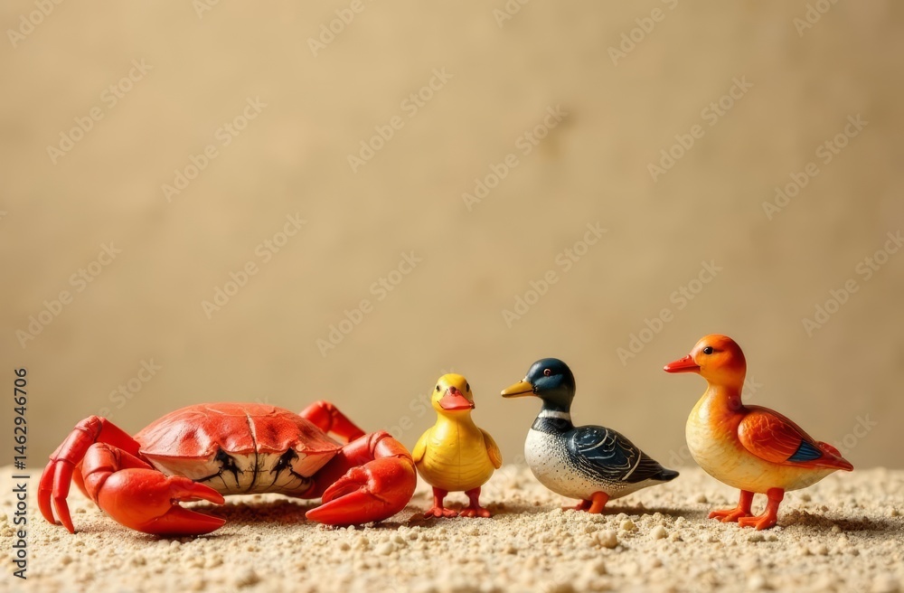 Crab and some funny ducks on a beige background, copy space