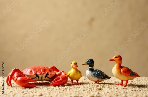 Obraz na płótnie Crab and some funny ducks on a beige background, copy space w salonie