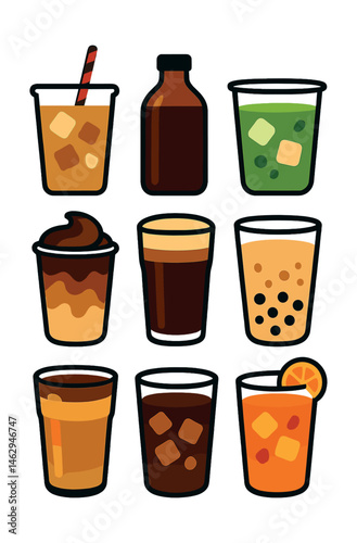 Flat vector icons of iced café beverages: iced latte with straw, cold brew bottle, iced matcha, milk tea in clear cup, iced mocha swirl, nitro coffee glass, iced espresso tonic, flavored iced tea.