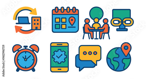 Flat vector icons of flexible work setups: hybrid work models badge, remote work policies planner, coworking space options badge, remote team building activities badge, flexible hours badges, remote