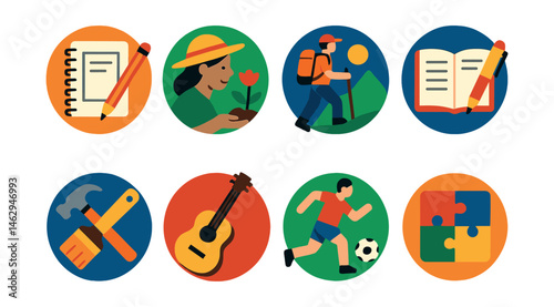 Flat vector icons of offline hobbies: sketching and drawing planner badge, gardening as mindfulness badge, hiking adventures badge, journaling daily reflections badge, practicing DIY crafts badge,