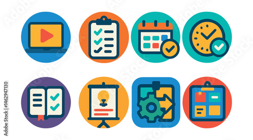 Flat vector icons of microlearning methods: watching short educational videos badge, completing mini-courses badge, setting daily microlearning goals badge, practicing bite-sized reading planner,