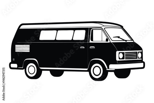 Silhouette of a classic campervan with windows, tires and details is depicted in black and white