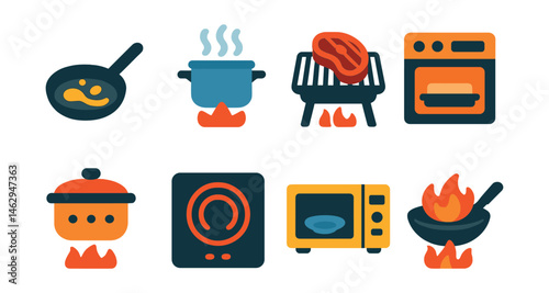 Flat vector icons of cooking heat methods: frying pan with sizzling oil, boiling pot with steam, grill with steak, oven with baking tray, steamer basket, induction cooktop icon, microwave with plate,