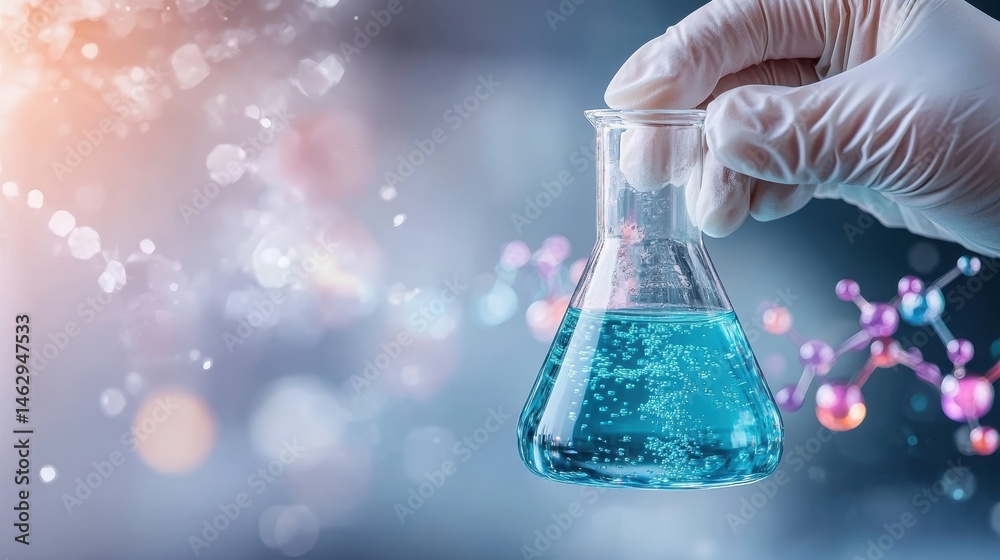 A scientist in gloves carefully holds a laboratory flask containing blue liquid, exemplifying research and discovery in a high-tech environment, symbolizing innovation and curiosity. A scientist in gloves carefully holds a laboratory flask containing blue liquid, exemplifying research and discovery in a high-tech environment, symbolizing innovation and curiosity.