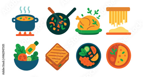 Flat vector icons of homemade meal ideas: soup simmering, stir fry in pan, roast chicken with herbs, fresh pasta making, salad bowl with dressing, grilled sandwich, grain bowl assembly, breakfast