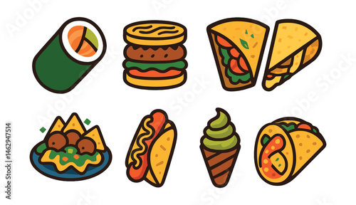 Flat vector icons of multicultural food fusion: sushi burrito wrap, ramen burger, pizza taco, shawarma quesadilla, Korean BBQ burrito, falafel nachos, Thai crepe dog, matcha churro cone.