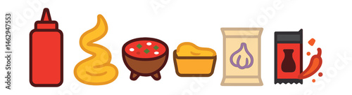 Flat vector icons of sauces and condiments: ketchup squeeze bottle, mustard swirl, spicy mayo cup, salsa dish, cheese dip tray, garlic sauce pouch, soy sauce packet, chili flakes icon.
