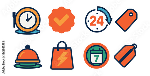 Flat vector icons of limited time menu items: clock with plate icon, “today only” badge, countdown sticker, short-run item tag, surprise menu pick, flash deal icon, seasonal countdown, “while