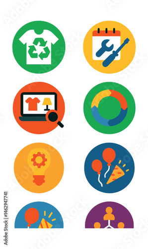 Flat vector icons of supporting circular economy: choosing upcycled products badge, supporting repair cafes planner, using sharing economy platforms badge, promoting second-hand marketplaces guide,