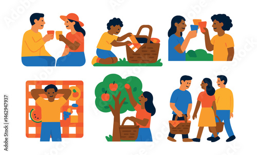 Flat vector icons of picnic moments and scenes: couple clinking cups, child reaching into basket, dog near picnic setup, group toasting drinks, laying down on blanket with food, picking apples into