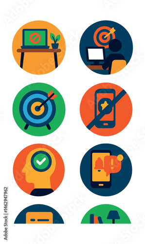 Flat vector icons of improving focus skills: setting up distraction-free work zones badge, practicing deep work sessions badge, using focus timers badge, limiting smartphone usage badge, setting
