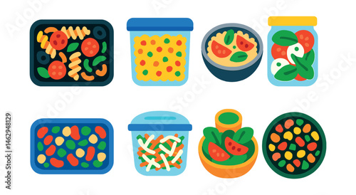 Flat vector icons of picnic-ready salads: pasta salad tray, couscous in container, quinoa salad bowl, caprese in jar, bean salad box, coleslaw with lid, green salad with dressing pot, chickpea mix.