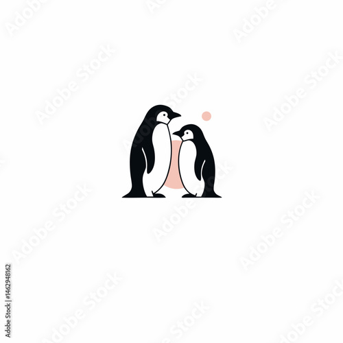 Two penguins interacting, minimalistic vector illustration. Family concept. Nature, traveling, species of birds and fauna concept