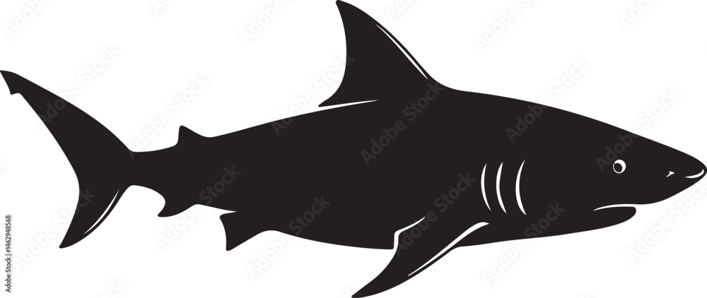 Fototapeta premium Tiger Shark silhouette in swimming pose with angular fins on white background