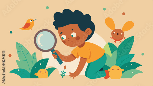 Nature Exploration An illustration of a child exploring nature with a magnifying glass surrounded by friendly creatures and plants emphasizing curiosity and the joy of discovery.