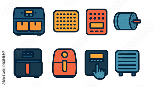 Flat vector icons of air fryer features and tools: dual basket air fryer, crisping tray, air fryer presets panel, rotating basket, touch control panel, drawer-style fryer, compact air fryer model,