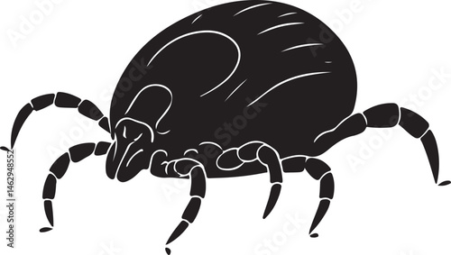 Tick silhouette in crawling top view with extended legs on white background