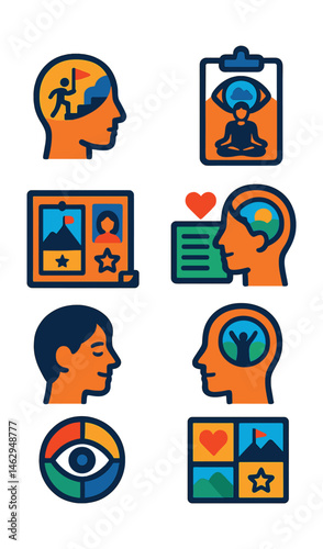 Flat vector icons of power of visualization: mental rehearsal visualization badge, future vision meditation guide, daily visualization diary badge, creating powerful visual goals board badge, visual