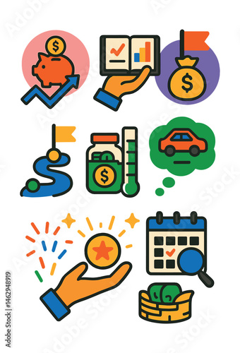 Flat vector icons of financial goal setting: setting short-term saving goals badge, planning medium-term investments planner, setting long-term financial dreams badge, visualizing future purchases