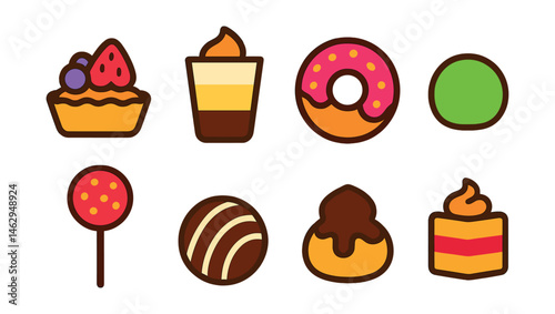 Flat vector icons of individual sweets: mini tartlet, dessert shot, donut with glaze, mochi ball, cake pop, chocolate truffle, profiterole, petit four.