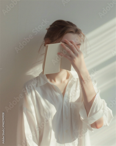 Woman covering her face with a book generated by AI