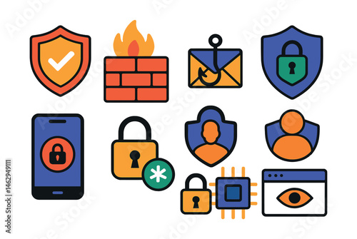Flat vector icons of basic cybersecurity: antivirus protection badge, firewall security setup, safe browsing shield icon, phishing scam alert badge, secure password manager app, data encryption icon,