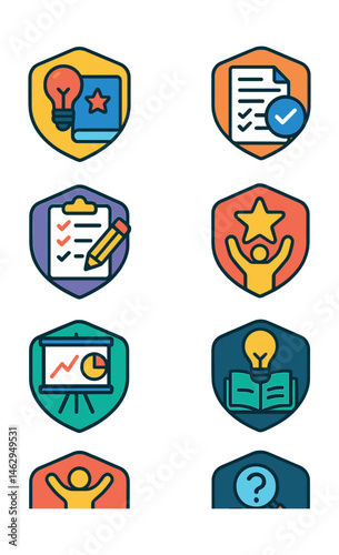 Flat vector icons of project-based learning habits: setting personal projects badge, planning project steps badge, documenting project progress badge, creating project presentation boards badge,