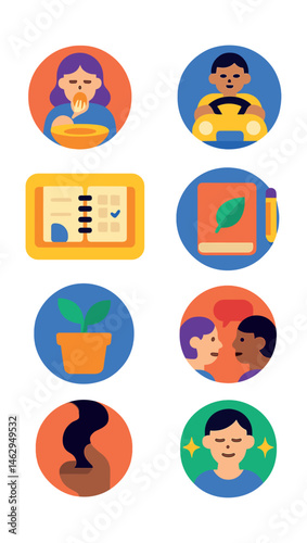 Flat vector icons of mindfulness in daily activities: practicing mindful eating badge, mindful commuting habits badge, mindful exercise routines badge, mindfulness at work planner, daily gratitude