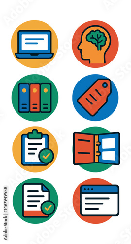 Flat vector icons of personal knowledge management: using digital note-taking tools badge, practicing second brain systems badge, tagging information effectively badge, building digital knowledge