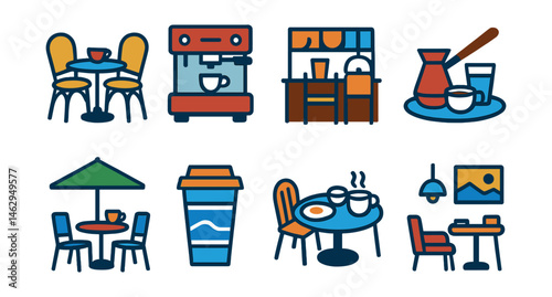 Flat vector icons of international café styles: Parisian café table, Italian espresso bar, Japanese kissaten interior, Turkish coffee setup, Scandinavian minimalist café, New York to-go coffee