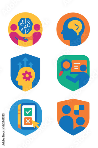 Flat vector icons of building adaptability to AI future: learning AI collaboration skills badge, understanding AI-human interaction badge, upskilling in human creativity badge, practicing critical