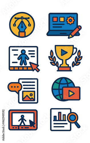 Flat vector icons of exploring digital creativity: learning basic design tools badge, building personal digital projects badge, creating digital content planner, participating in online creative