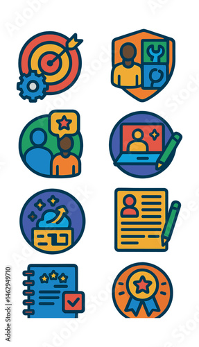 Flat vector icons of future career exploration: setting career research goals badge, exploring future professions badge, learning emerging career skills badge, participating in mentorship programs