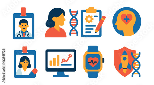 Flat vector icons of health and biotech careers: telemedicine doctor badge, genetic counselor icon, biomedical engineer planner, mental health tech specialist badge, personalized medicine researcher
