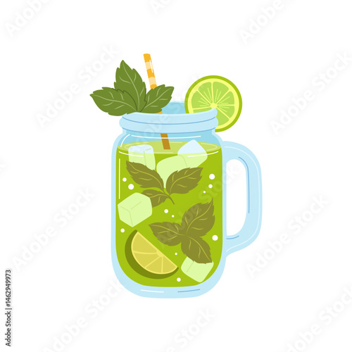 Mint lime lemonade glass with straw. Flat vector isolated illustration.
.
