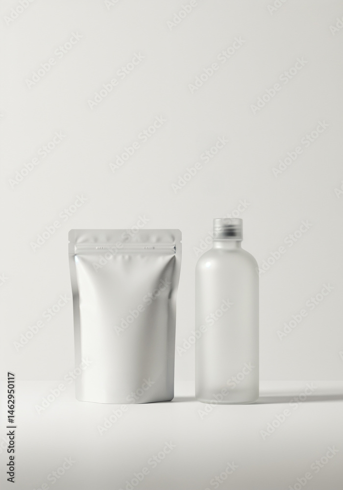 Minimal packaging mockup with pouch and bottle on white background