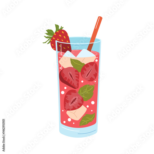 Strawberry lemonade glass with straw. Flat vector isolated illustration.