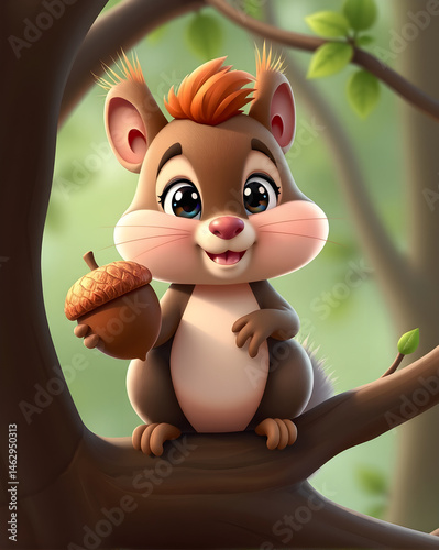 Happy Chipmunk Holding Acorn – Cartoon Forest Animal