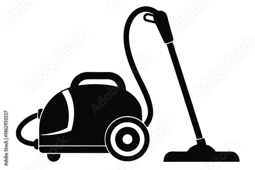 A minimalist black silhouette portrays a wheeled canister vacuum cleaner with hose and wand